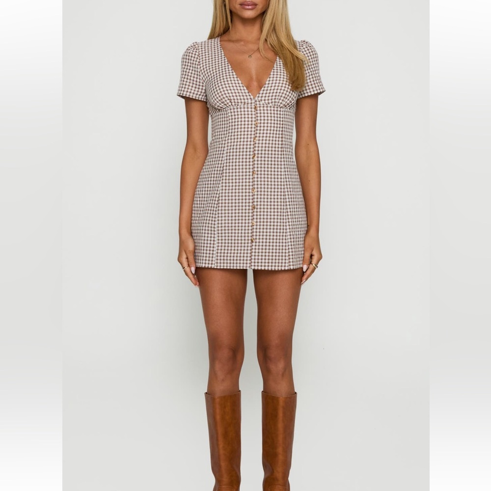 Checked Mini Dress with Button Front - Cream & Brown